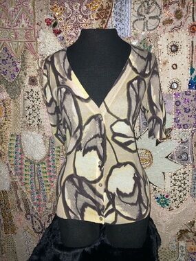 Ann Taylor Beige and Gray Abstract Button-Down Top